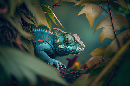 chameleon hiding among the leaves and branches in the forest, created with generative aiの素材