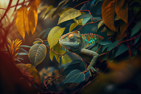 chameleon hiding among the leaves and branches in the forest, created with generative aiの素材