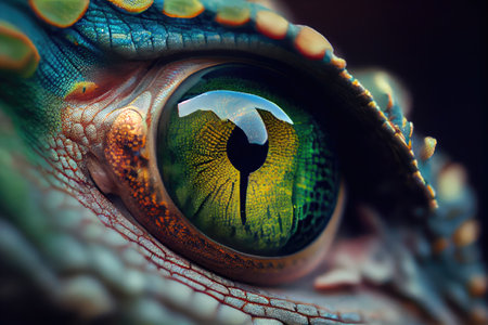 close-up of chameleons eye, with its unique and enchanting green hue, created with generative aiの素材