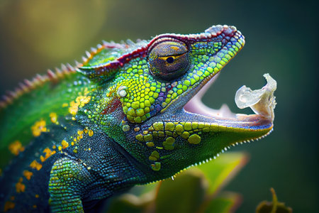 close-up of chameleons tongue, flicking out to catch insect, created with generative aiの素材
