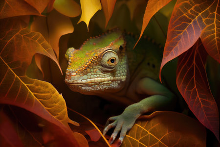 chameleon hiding among the leaves of a tree, created with generative aiの素材