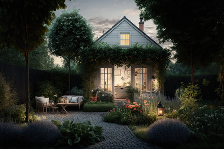 summer evening in garden next to modern house with cozy backyard, created with generative aiの素材