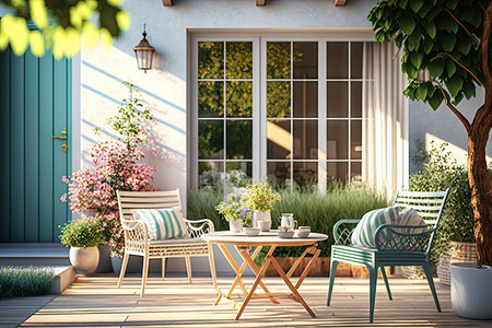 garden furniture in sunny spacious room in property cozy backyard, created with generative aiの素材