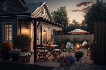 summer evening in suburban house with barbecue and patio cozy backyard, created with generative aiの素材