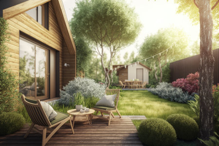 wooden terrace with comfortable garden chairs in cozy backyard with lawn, created with generative aiの素材