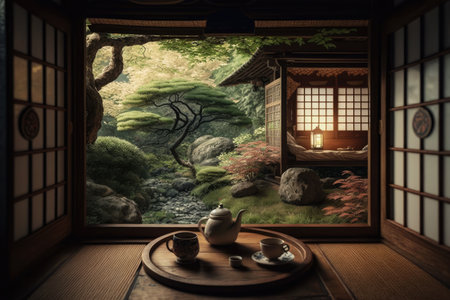 japanese style room for tea in garden of cottage in cozy backyard, created with generative aiの素材