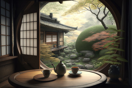 japanese style room for tea in garden of cottage in cozy backyard, created with generative aiの素材