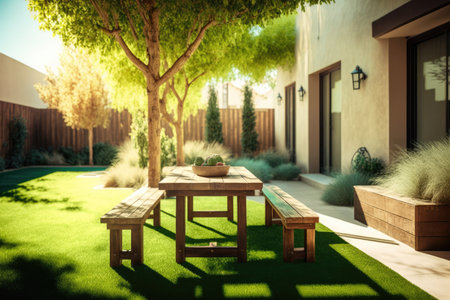 bright green lawn in sunny courtyard with wooden benches and table cozy backyard, created with generative aiの素材