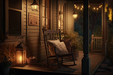 rustic wooden furniture in cozy backyard illuminated by porch light, created with generative aiの素材