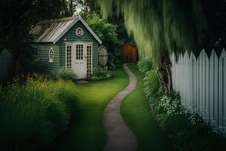 green lawn and path leading to shed in cozy backyard, created with generative aiの素材