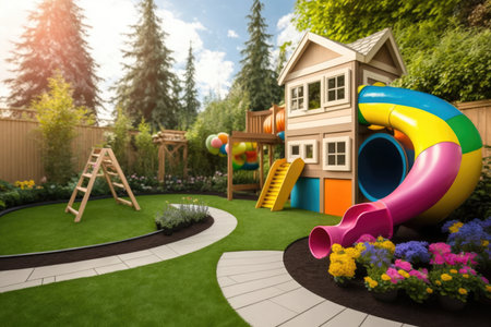 toy and childrens garden with slide in bright colors in cozy backyard, created with generative aiの素材