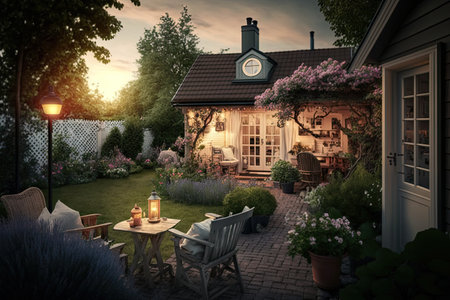 cozy backyard with patio and lawn in suburbs of summer cottage, created with generative aiの素材