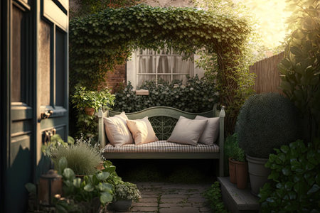 comfortable summer bench with cushions in courtyard of three-storey house snugly hidden in bushes cozy backyard, created with generative aiの素材