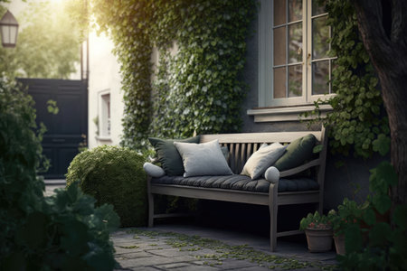comfortable summer bench with cushions in courtyard of three-storey house snugly hidden in bushes cozy backyard, created with generative aiの素材