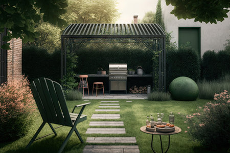 urban garden with empty barbecue grill in grass and benches in cozy backyard, created with generative aiの素材