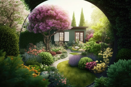 bright summer garden with flowers and round lawn in comfortable cozy backyard, created with generative aiの素材
