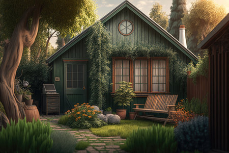 cozy backyard with lawn and plants against backdrop of wooden house, created with generative aiの素材