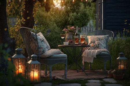 garden furniture on lawn in beautiful summer evening in suburban cottage cozy backyard, created with generative aiの素材