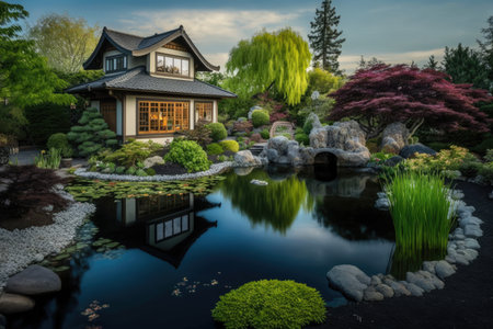 japanese garden with large pond in cozy backyard, created with generative aiの素材