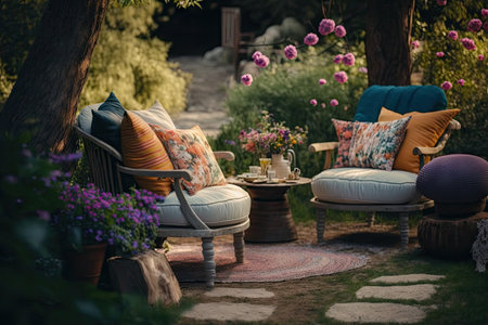 sinking chairs with cushions on patio in bright garden of cozy backyard, created with generative aiの素材