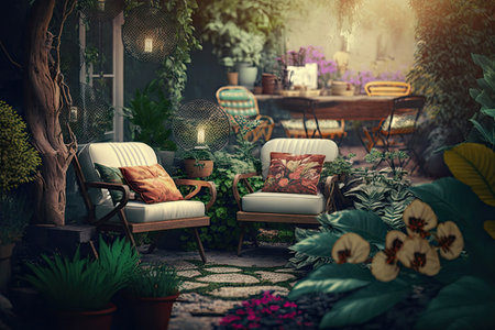 sinking chairs with cushions on patio in bright garden of cozy backyard, created with generative aiの素材