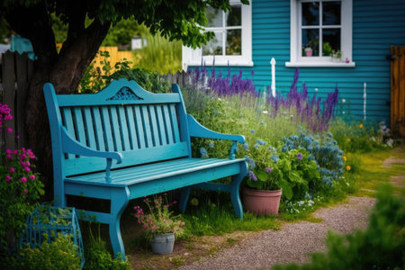 bright blue bench with plants in garden of country house cozy backyard, created with generative aiの素材