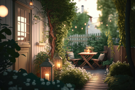 bright summer evening with light illuminated greenery in cute cozy backyard, created with generative aiの素材