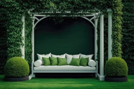 bright green lawn with pergola and outdoor sofa in cozy backyard, created with generative aiの素材