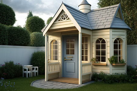 small childrens summer house with window in cozy backyard, created with generative aiの素材