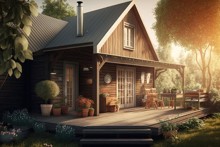 sunlit well-groomed cozy backyard with comfortable deck and wooden house, created with generative aiの素材