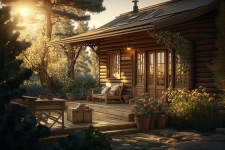 sunlit well-groomed cozy backyard with comfortable deck and wooden house, created with generative aiの素材