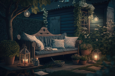 summer evening recreation in garden on wooden sofa in cozy backyard, created with generative aiの素材