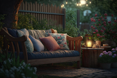 summer evening recreation in garden on wooden sofa in cozy backyard, created with generative aiの素材