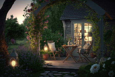 beautiful summer evening in garden with wooden furniture and cozy backyard, created with generative aiの素材
