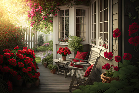 cozy backyard with wooden furniture and bright red flowers, created with generative aiの素材