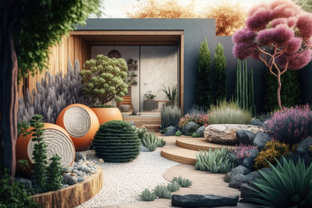 modern garden landscaped with lawn and plants in pots cozy backyard, created with generative aiの素材