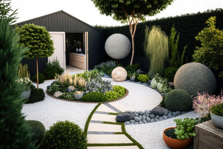 modern garden landscaped with lawn and plants in pots cozy backyard, created with generative aiの素材