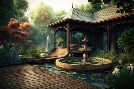 cozy backyard with wooden decking near large fountain with water, created with generative aiの素材