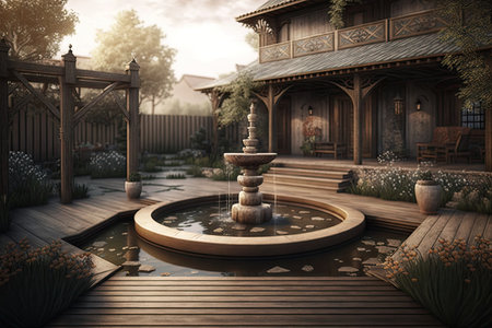 cozy backyard with wooden decking near large fountain with water, created with generative aiの素材