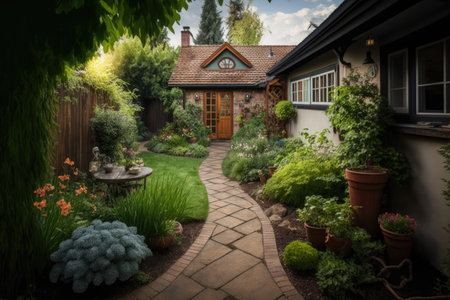 bright backyard with green plants and walkway around house cozy backyard, created with generative aiの素材