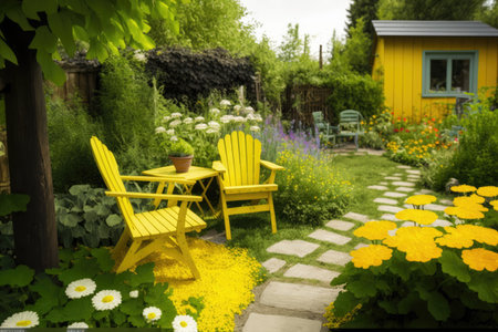 yellow wooden garden furniture in bright flower garden of summer cottage in cozy backyard, created with generative aiの素材