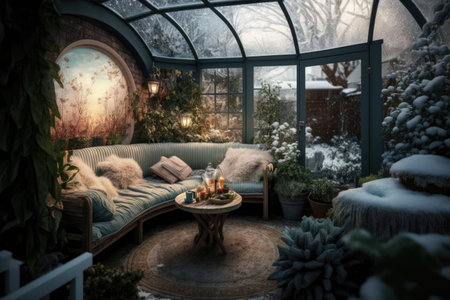 winter garden in suburban house with sunken sofa and flower beds cozy backyard, created with generative aiの素材