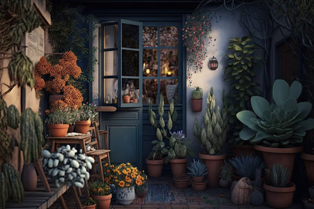 decorated with plants and flowers in vases cozy backyard, created with generative aiの素材