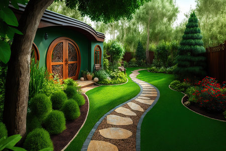 green decorative garden with lawn and paths in cozy backyard of house, created with generative aiの素材