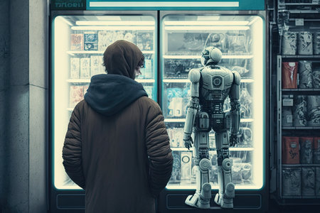 person, checking out at store with futuristic android robot, futuristic background in the frame, created with generative aiの素材