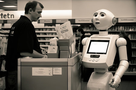 person in supermarket checkout, with robot at the register, created with generative aiの素材