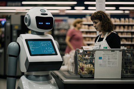 person in supermarket checkout, with robot at the register, created with generative aiの素材