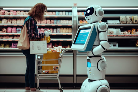 person, paying for groceries, with android robot assisting with transactions, created with generative aiの素材