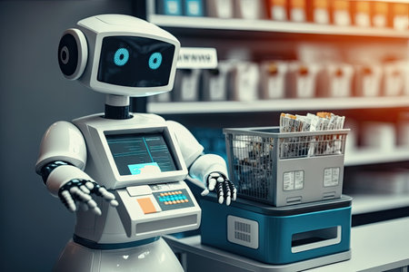 cashier robot, checking out customers purchases and processing payment, created with generative aiの素材