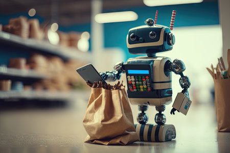 android robot standing behind the checkout, checking out a bag with purchases, created with generative aiの素材